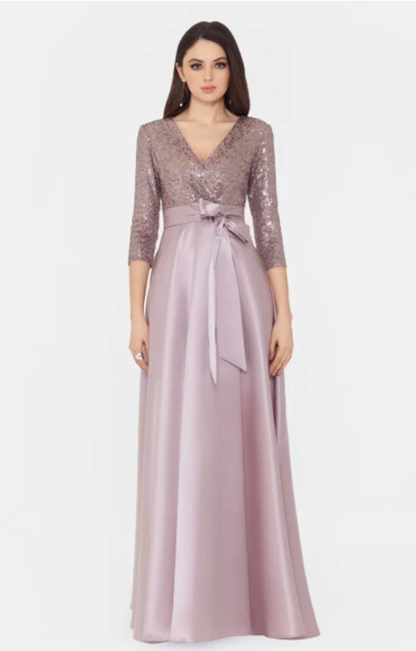XSCAPE Women's Sequin & Satin A-Line Gown Size 10 Rose Pink Elbow Sleeve NWOT